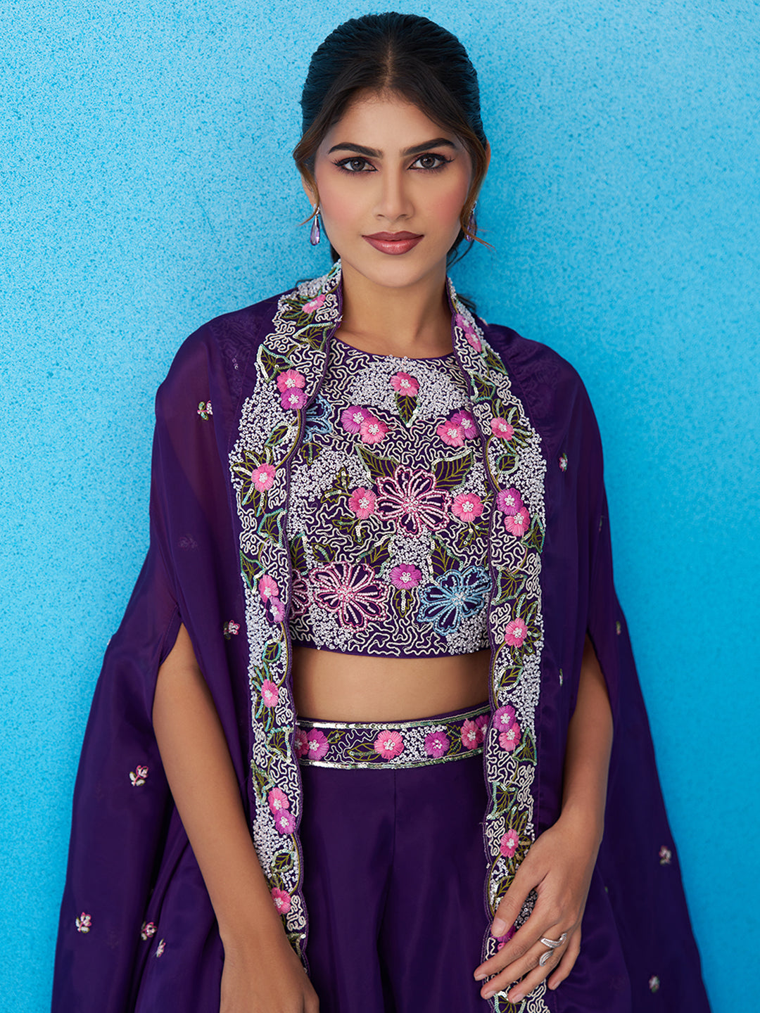 Royal Purple Crepe Beads Embroidered Crop Top with Flared Cape & Flared Palazzo Set