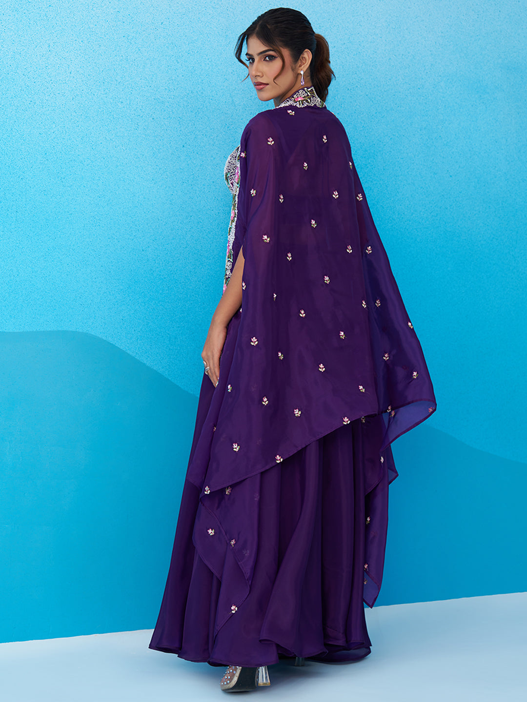Royal Purple Crepe Beads Embroidered Crop Top with Flared Cape & Flared Palazzo Set
