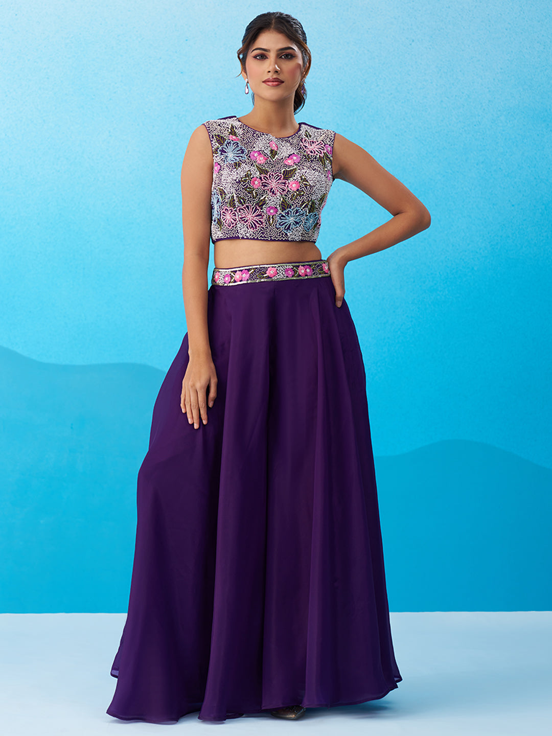 Royal Purple Crepe Beads Embroidered Crop Top with Flared Cape & Flared Palazzo Set