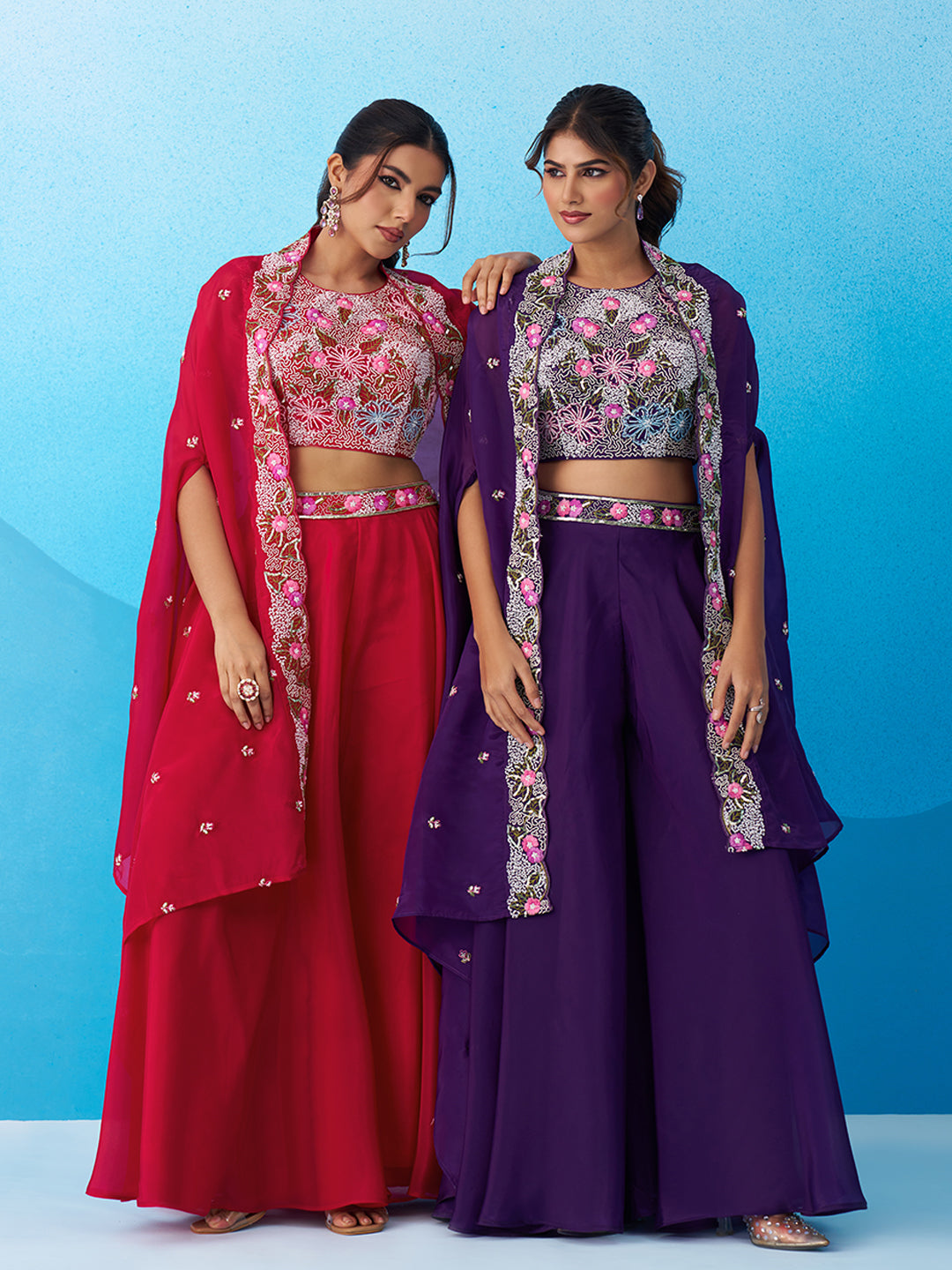 Royal Purple Crepe Beads Embroidered Crop Top with Flared Cape & Flared Palazzo Set