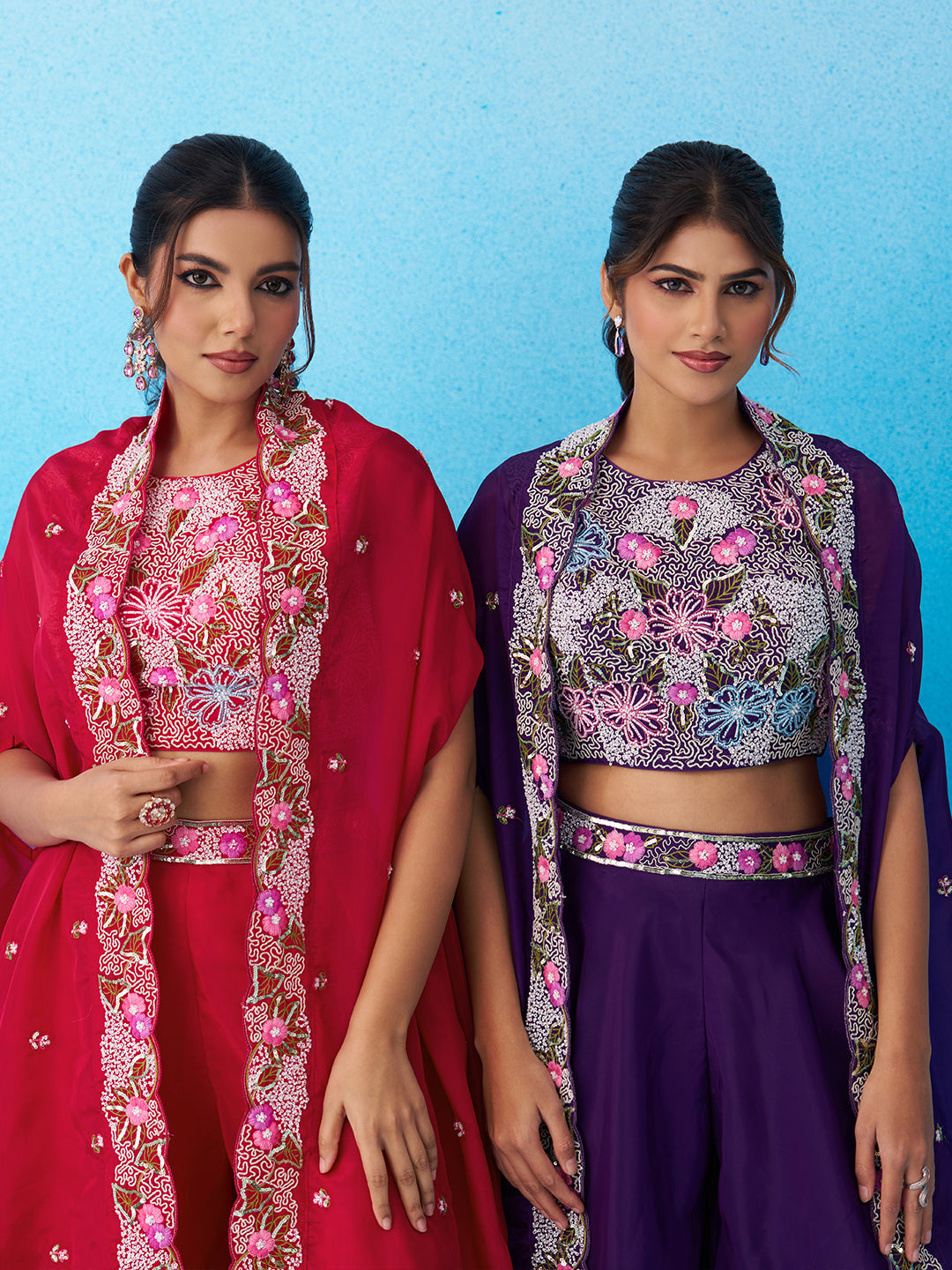 Royal Purple Crepe Beads Embroidered Crop Top with Flared Cape & Flared Palazzo Set