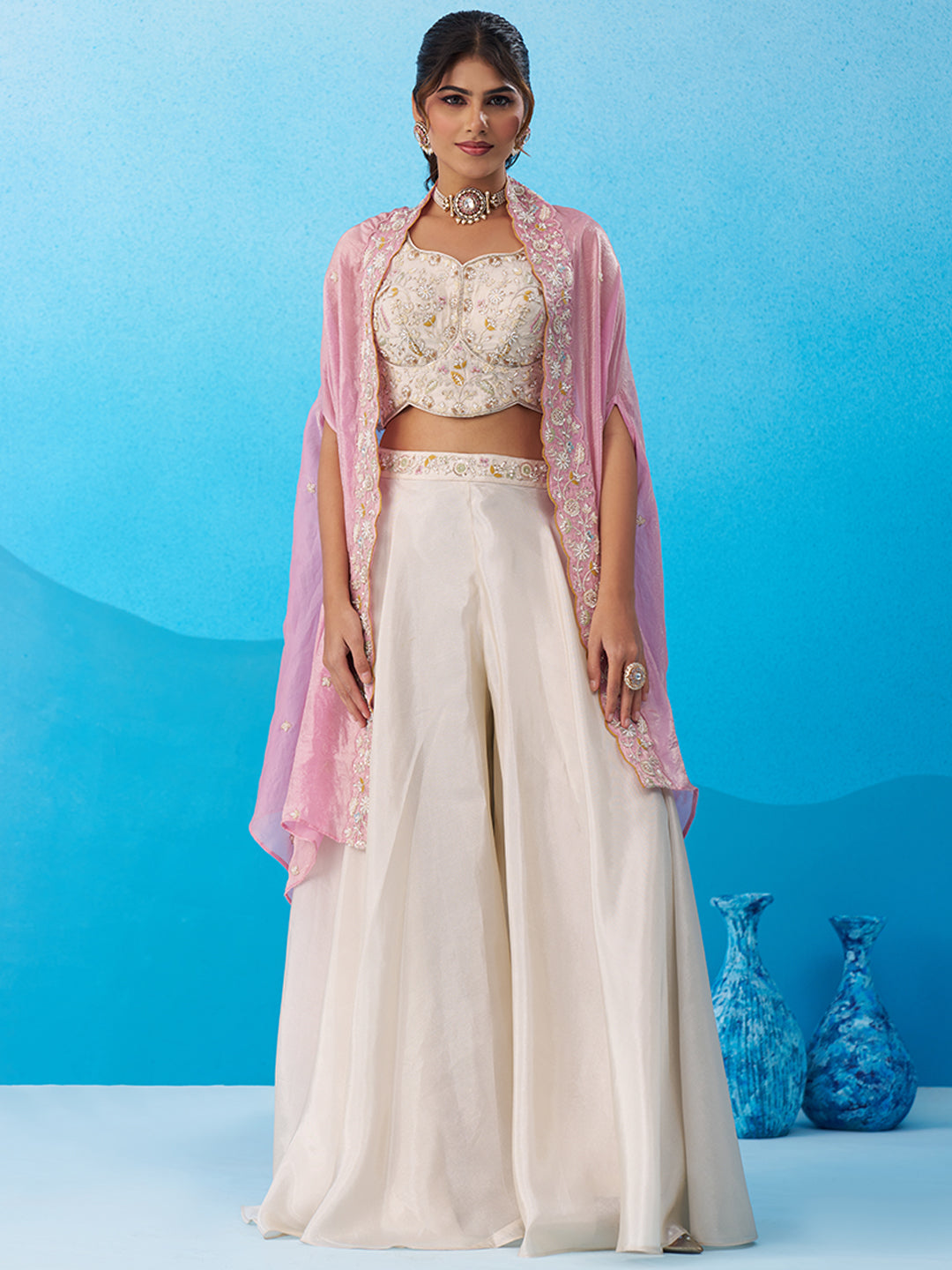 Cream & Pink Viscoce Beads Embroidered Crop Top with Flared Cape & Palazzo Set