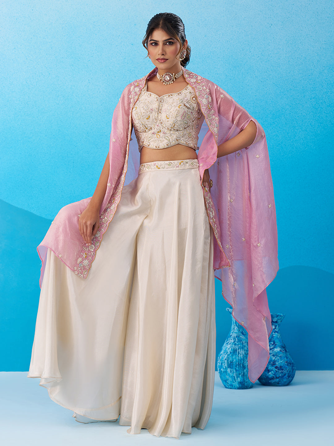 Cream & Pink Viscoce Beads Embroidered Crop Top with Flared Cape & Palazzo Set