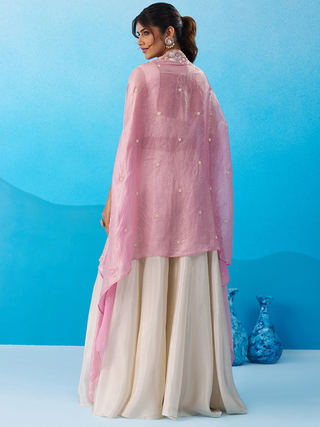 Cream & Pink Viscoce Beads Embroidered Crop Top with Flared Cape & Palazzo Set