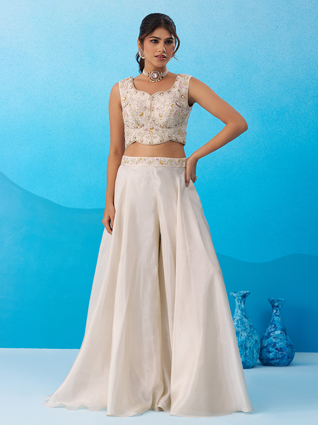 Cream & Pink Viscoce Beads Embroidered Crop Top with Flared Cape & Palazzo Set