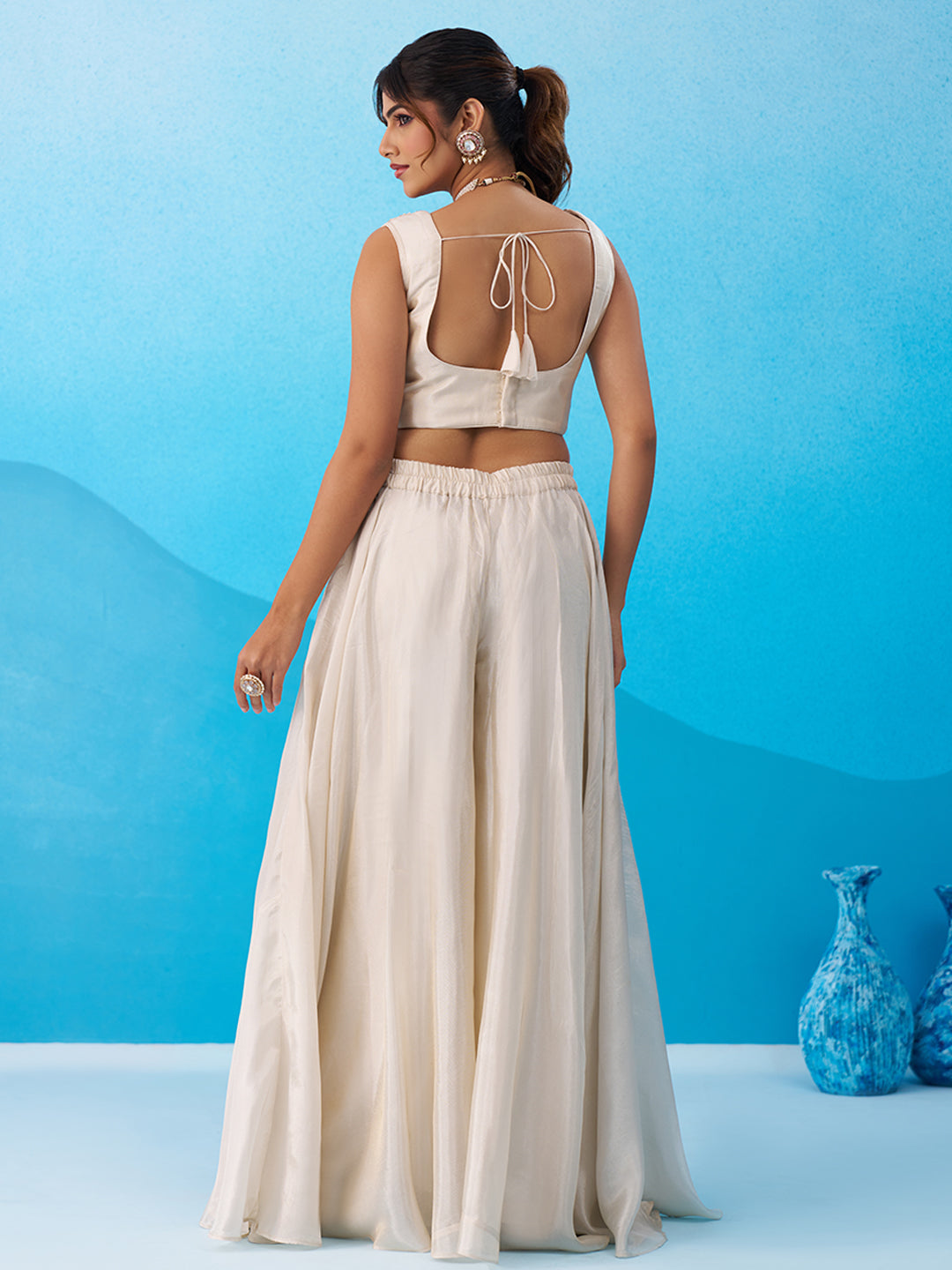 Cream & Pink Viscoce Beads Embroidered Crop Top with Flared Cape & Palazzo Set