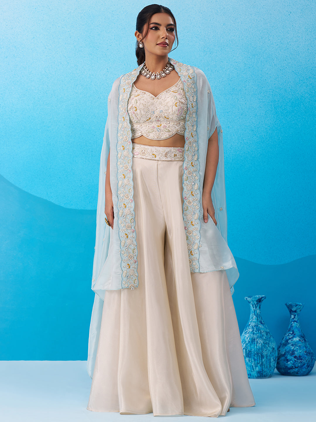 Cream & Sky Viscoce Beads Embroidered Crop Top with Flared Cape & Palazzo Set