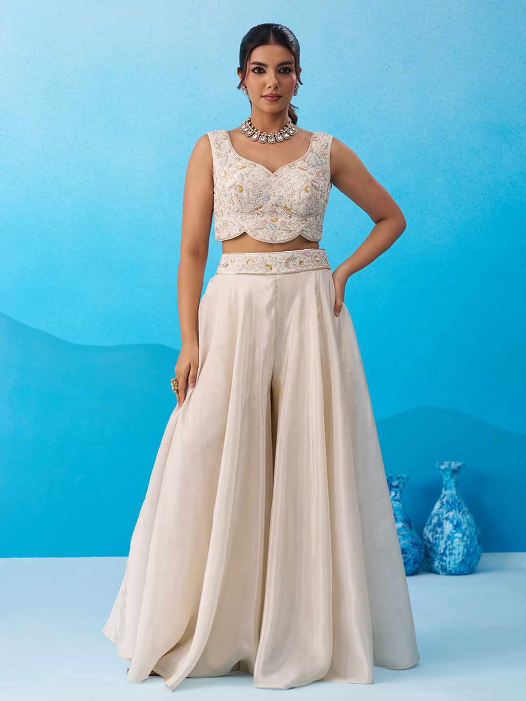 Cream & Sky Viscoce Beads Embroidered Crop Top with Flared Cape & Palazzo Set