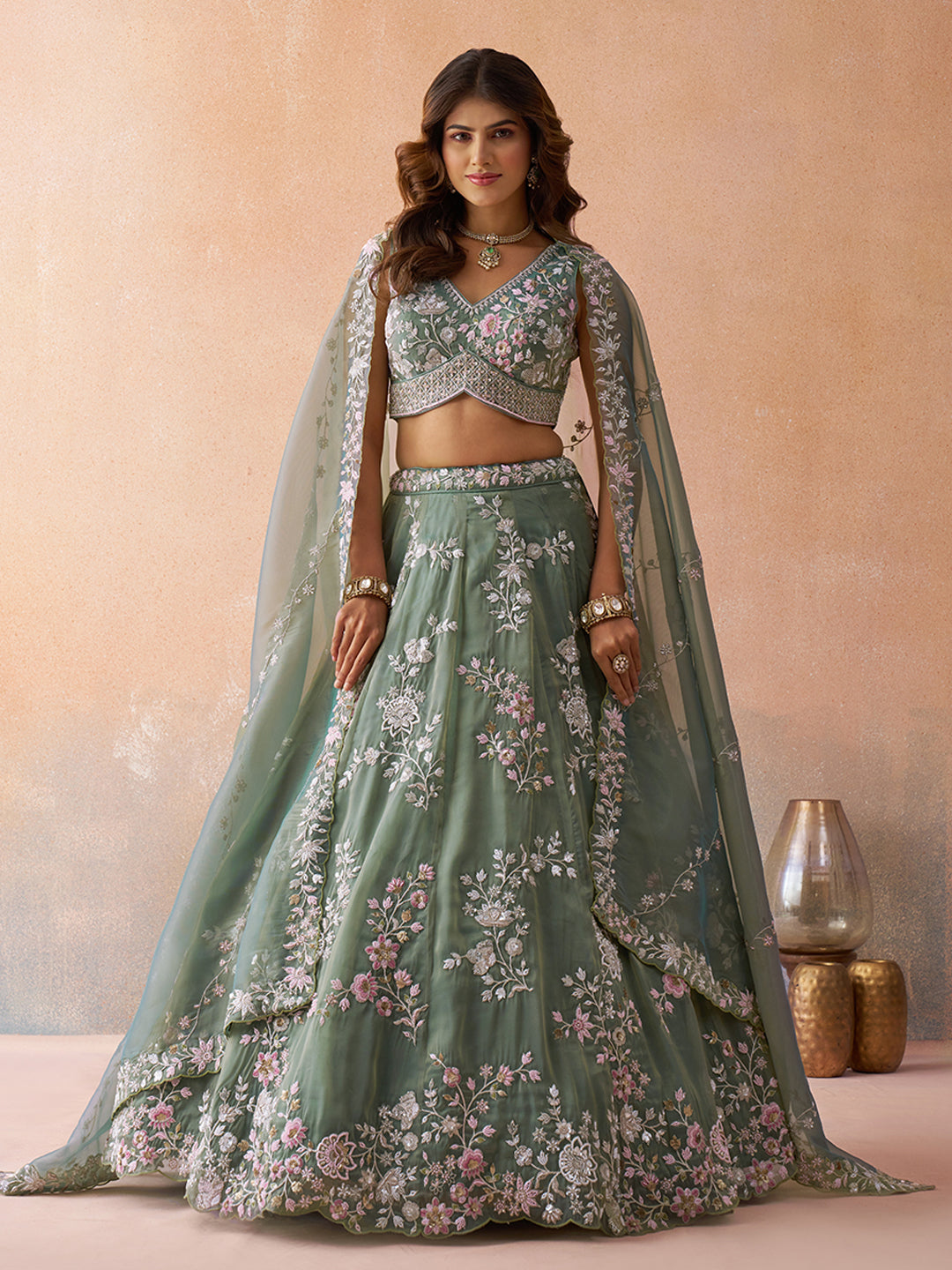 Seagreen Color Tissue Beads & Sequins Embroidered Semi-Stitched Lehenga set