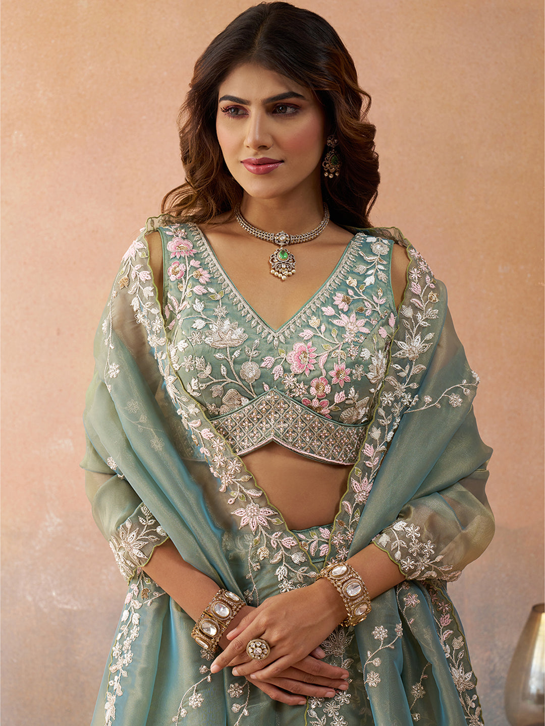 Seagreen Color Tissue Beads & Sequins Embroidered Lehenga set