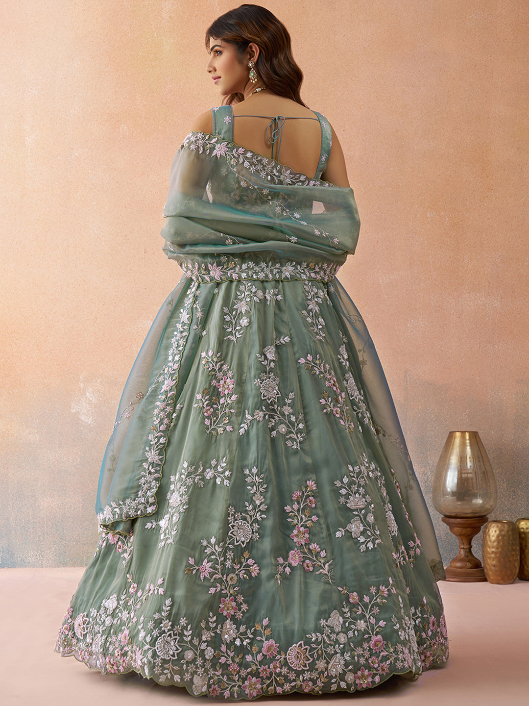 Seagreen Color Tissue Beads & Sequins Embroidered Lehenga set