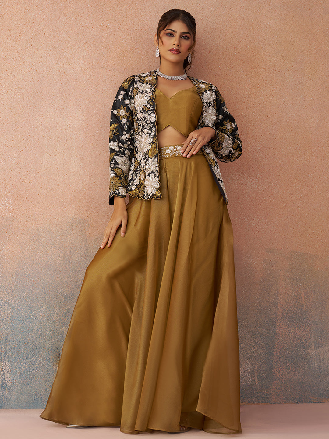 Golden Mustard & Black Tissue Floral Embroidered Crop Top with Jacket & Palazzo Set
