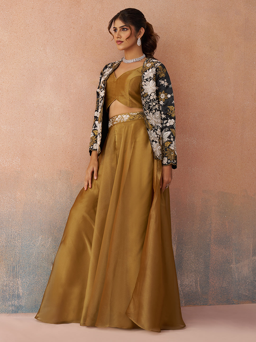 Golden Mustard & Black Tissue Floral Embroidered Crop Top with Jacket & Palazzo Set