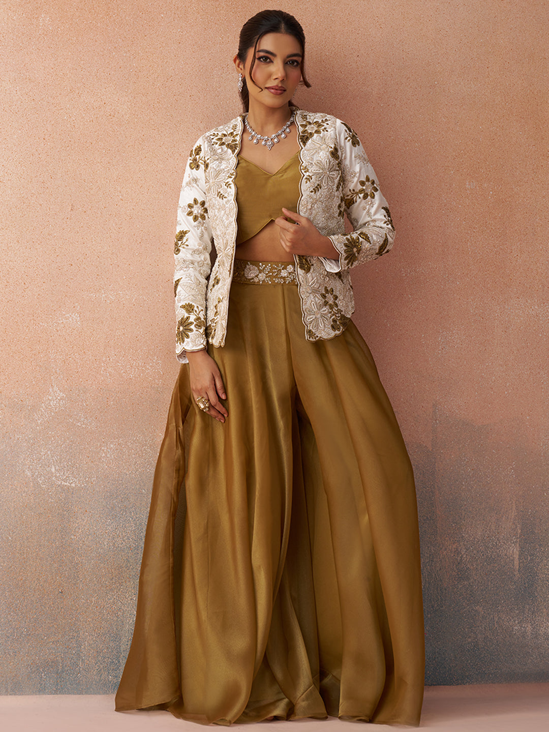 Golden Mustard & White Tissue Floral Embroidered Crop Top with Jacket & Palazzo Set