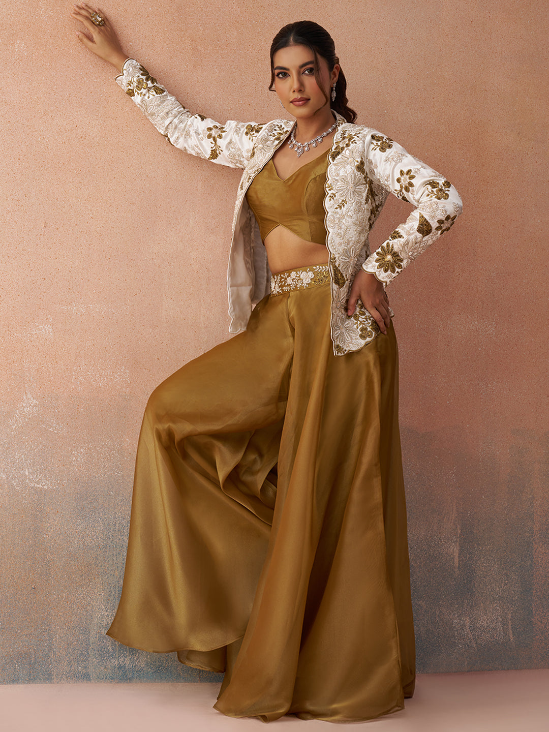 Golden Mustard & White Tissue Floral Embroidered Crop Top with Jacket & Palazzo Set