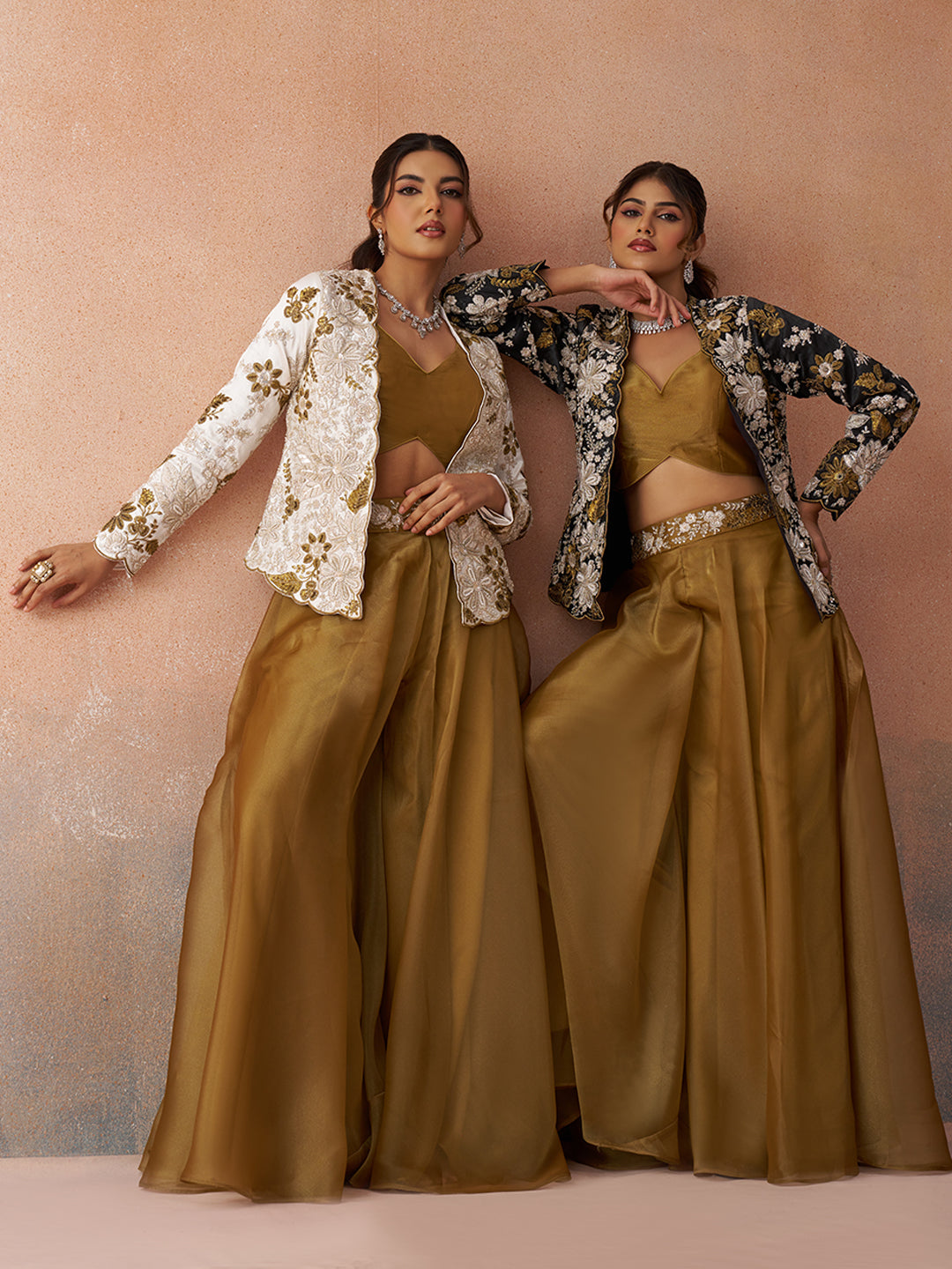 Golden Mustard & White Tissue Floral Embroidered Crop Top with Jacket & Palazzo Set
