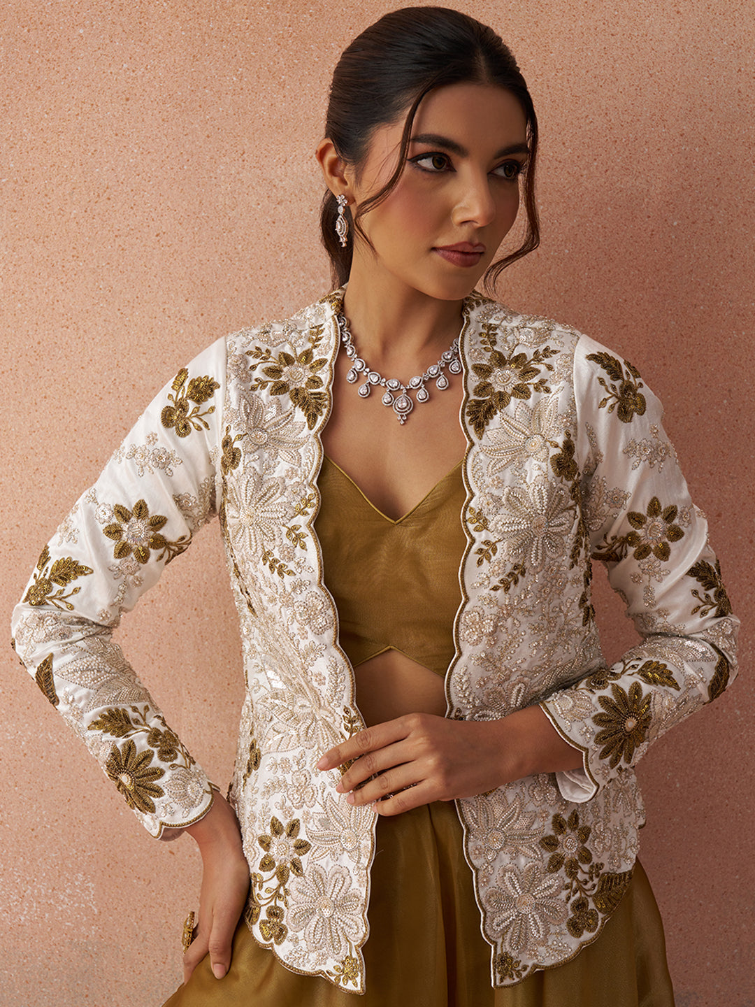 Golden Mustard & White Tissue Floral Embroidered Crop Top with Jacket & Palazzo Set