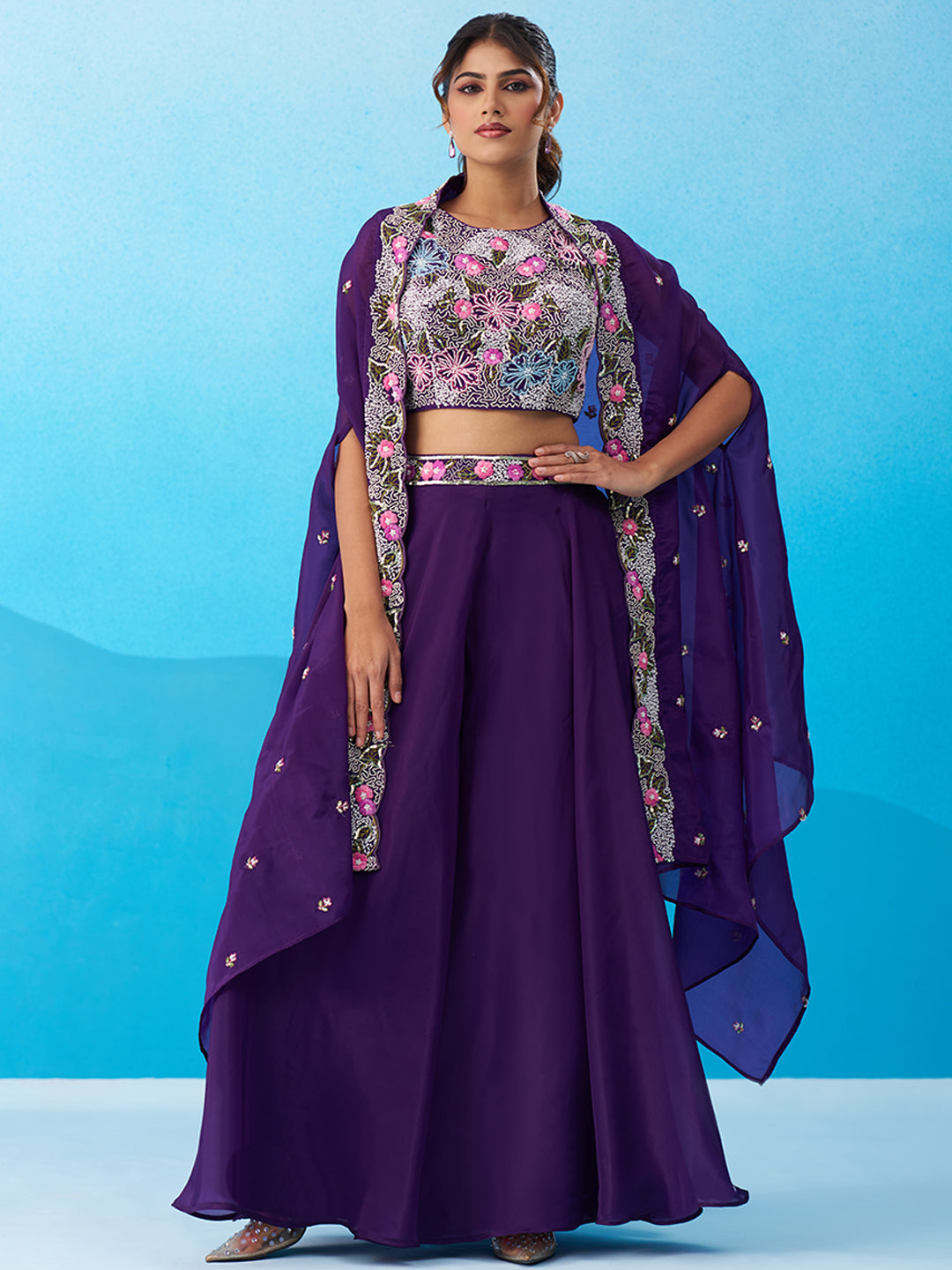 Royal Purple Crepe Beads Embroidered Crop Top with Flared Cape & Flared Palazzo Set