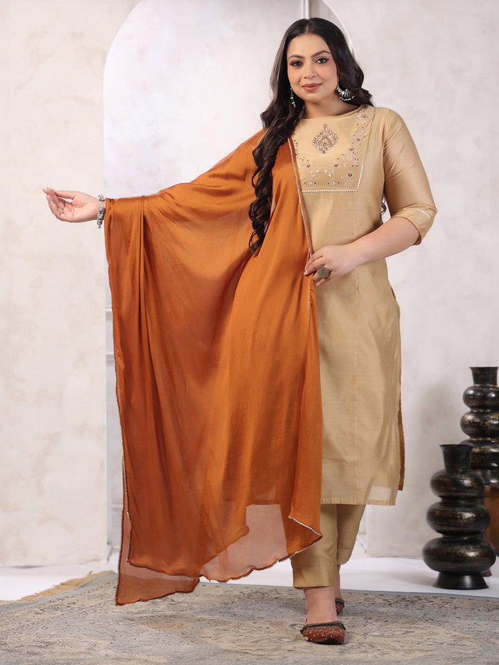 Plus Size Beige Silk Blend Yoke Embroidery Kurta with Pant and Dupatta  - By Janasya