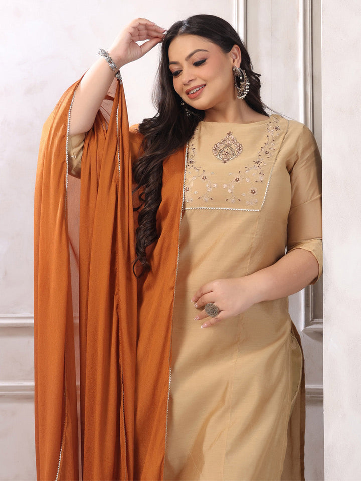 Plus Size Beige Silk Blend Yoke Embroidery Kurta with Pant and Dupatta  - By Janasya