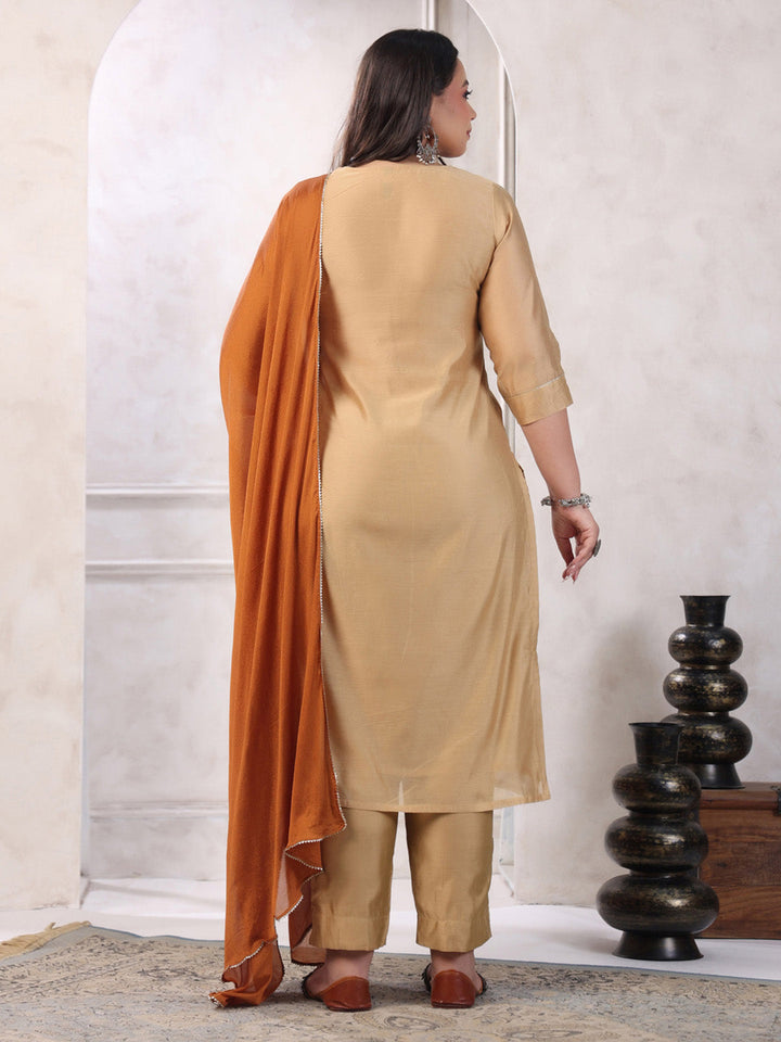 Plus Size Beige Silk Blend Yoke Embroidery Kurta with Pant and Dupatta  - By Janasya