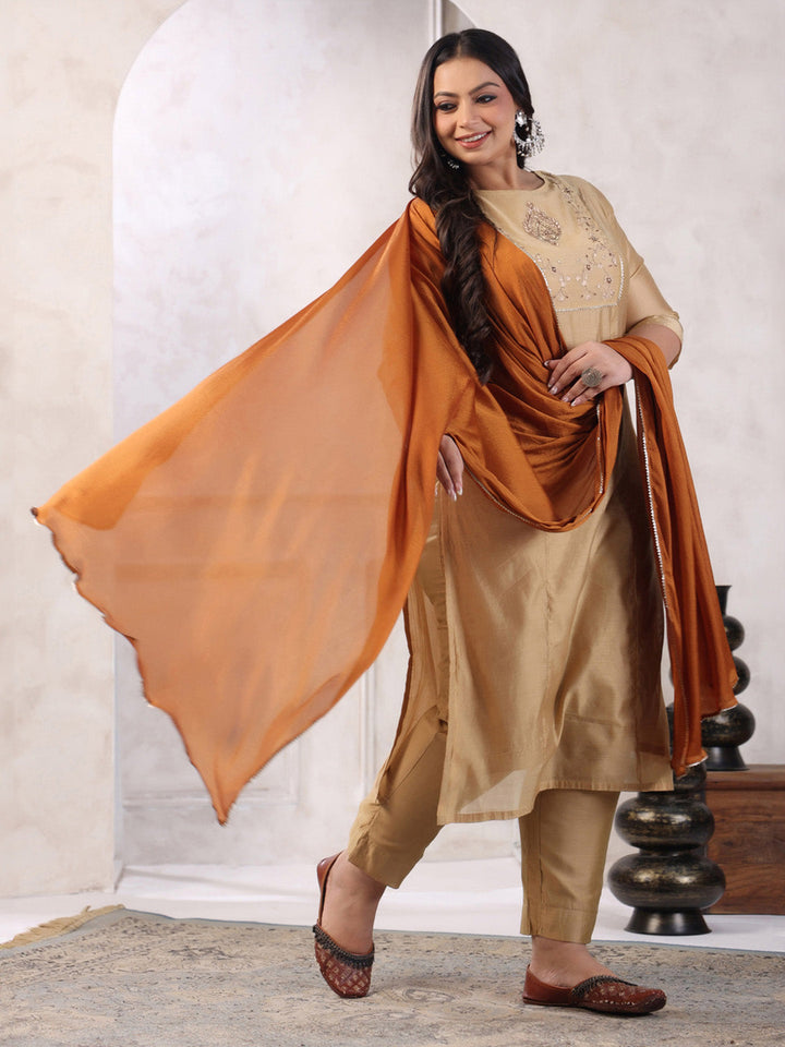 Plus Size Beige Silk Blend Yoke Embroidery Kurta with Pant and Dupatta  - By Janasya