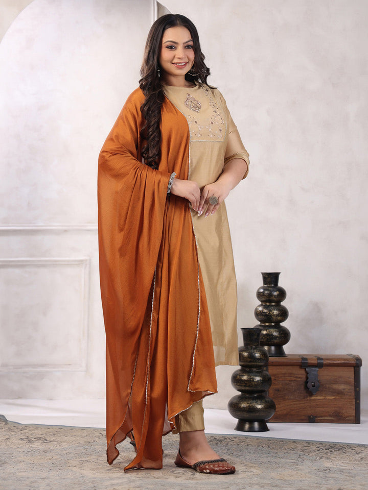 Plus Size Beige Silk Blend Yoke Embroidery Kurta with Pant and Dupatta  - By Janasya