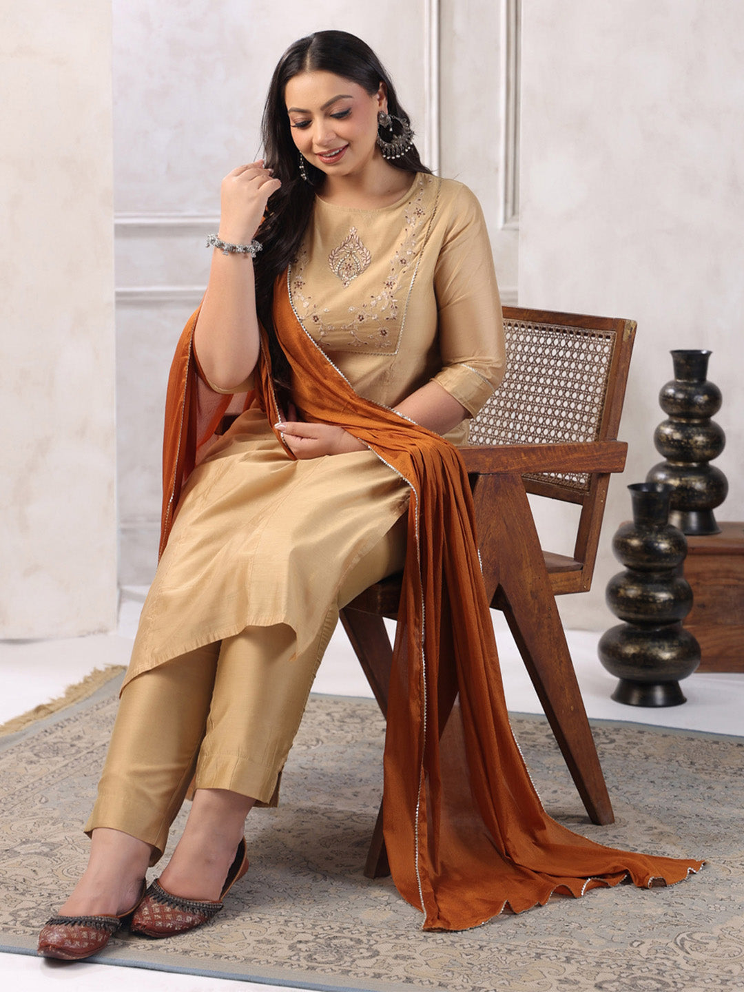 Plus Size Beige Silk Blend Yoke Embroidery Kurta with Pant and Dupatta  - By Janasya