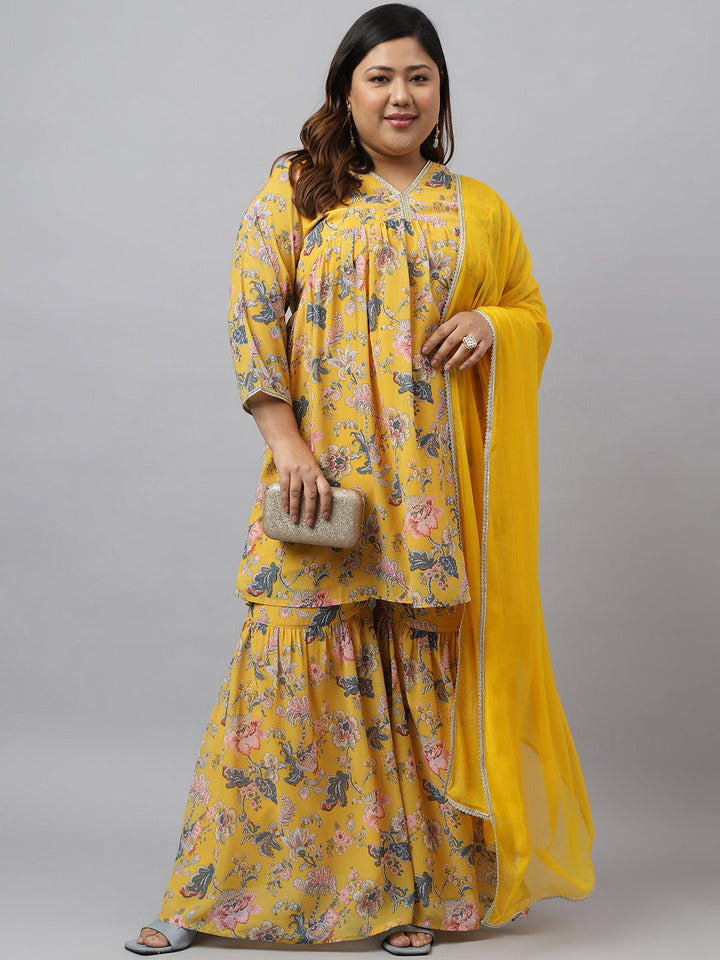 Women Plus Size Yellow Georgette Kurta Sharara Set  - By Janasya