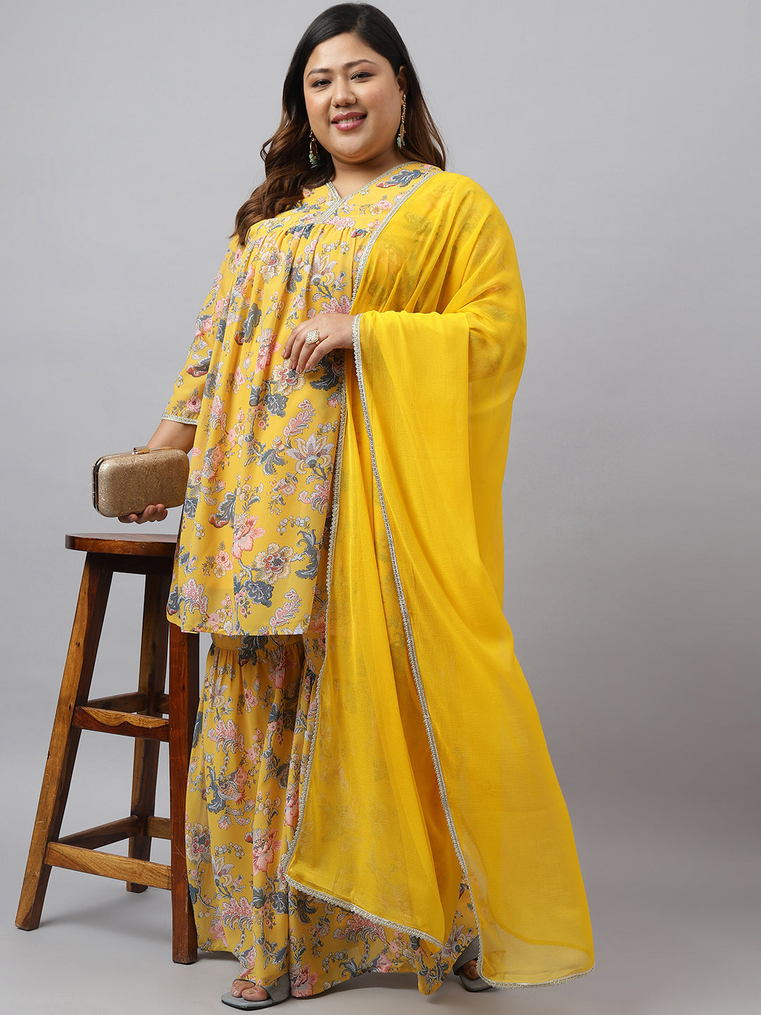 Women Plus Size Yellow Georgette Kurta Sharara Set  - By Janasya