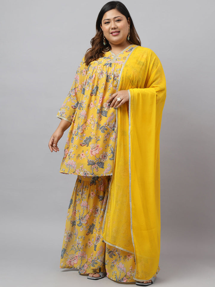 Women Plus Size Yellow Georgette Kurta Sharara Set  - By Janasya