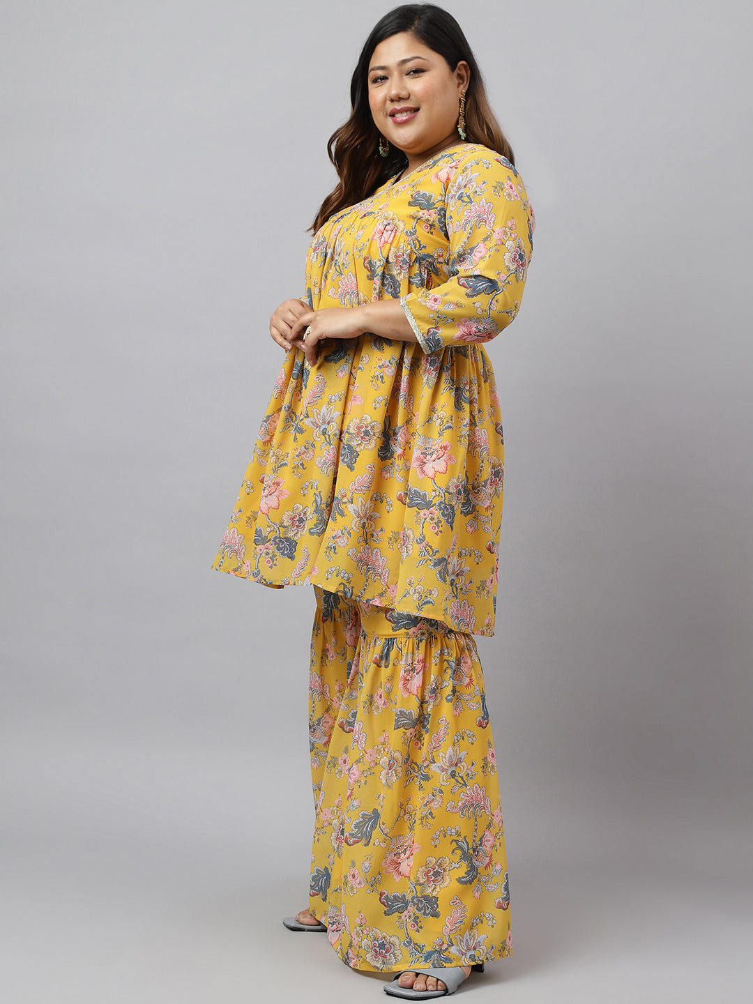 Women Plus Size Yellow Georgette Kurta Sharara Set  - By Janasya