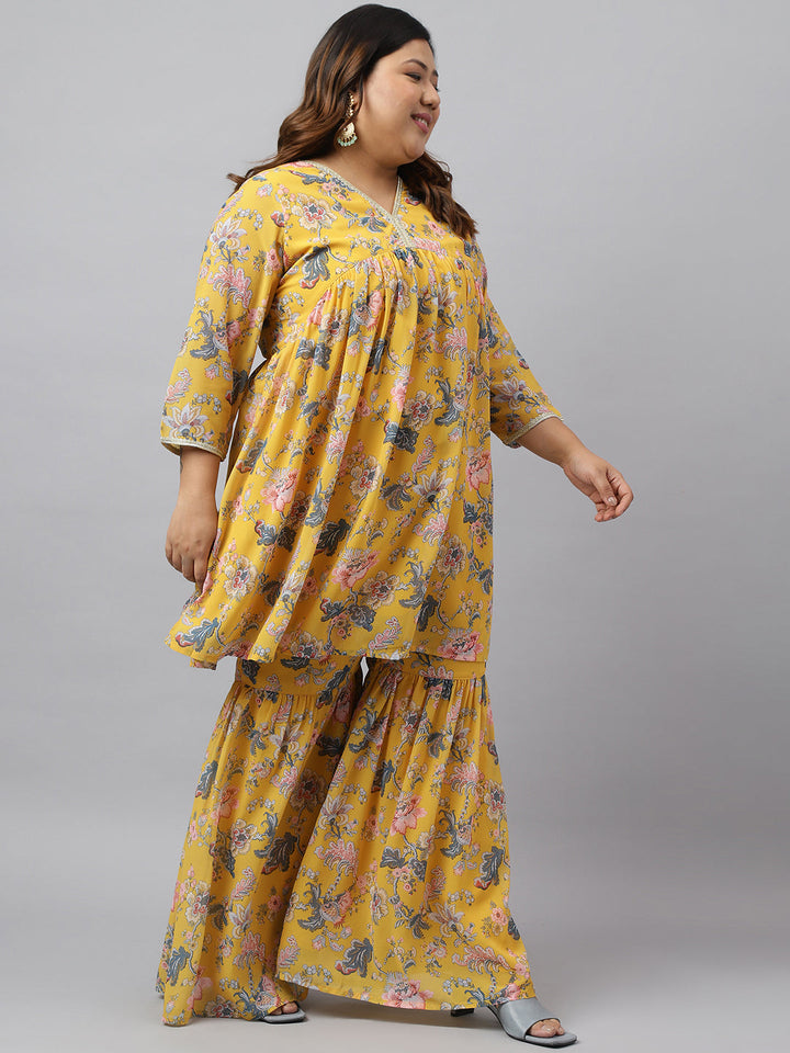 Women Plus Size Yellow Georgette Kurta Sharara Set  - By Janasya