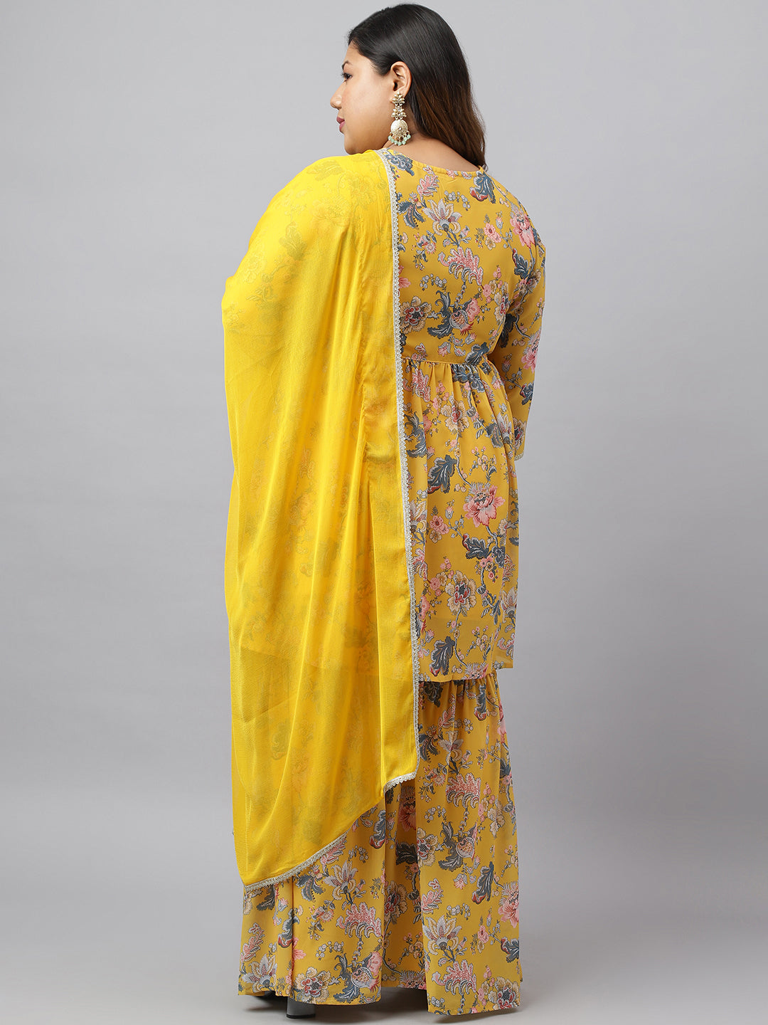 Women Plus Size Yellow Georgette Kurta Sharara Set  - By Janasya