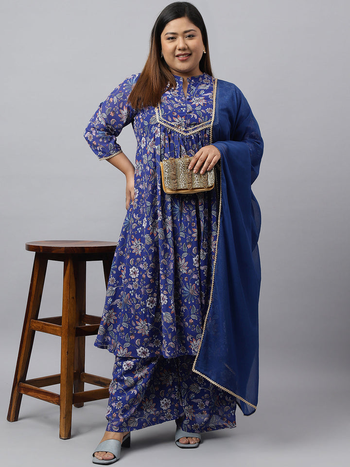 Plus Size Blue Georgette Kurta Palazzo Set Online  - By Janasya