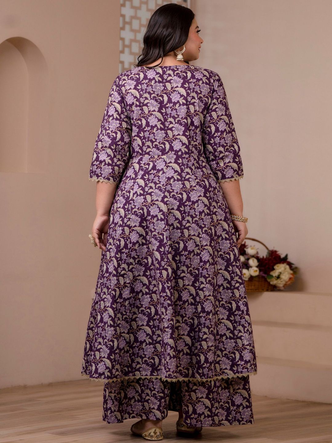 Voilet Cotton Floral Printed Kurta with Palazzo and Dupatta  - By Janasya