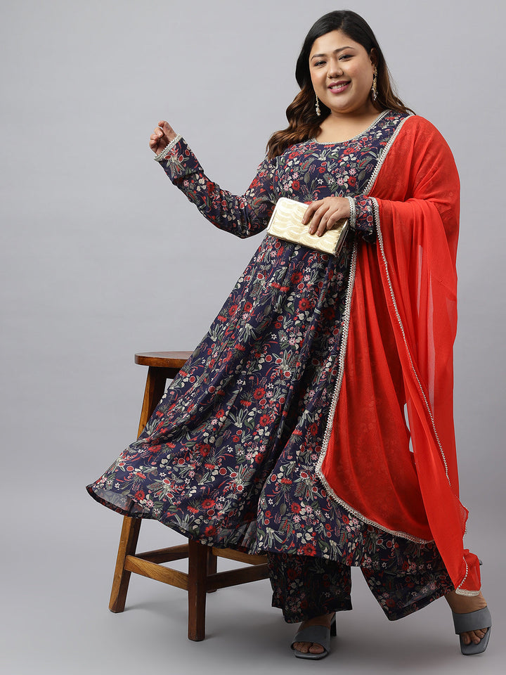 Plus Size Blue Printed Kurta Palazzo Set for Women  - By Janasya