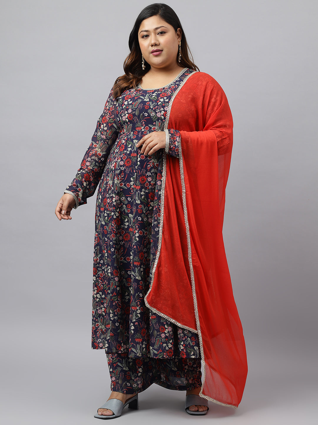 Plus Size Blue Printed Kurta Palazzo Set for Women  - By Janasya