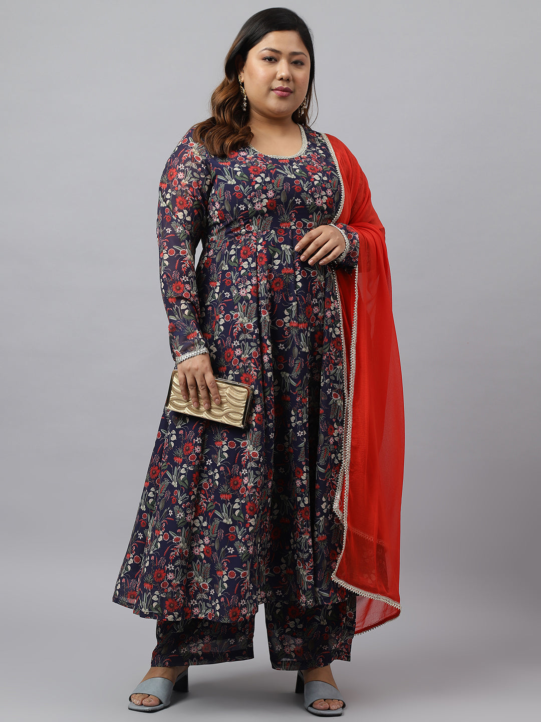 Plus Size Blue Printed Kurta Palazzo Set for Women  - By Janasya