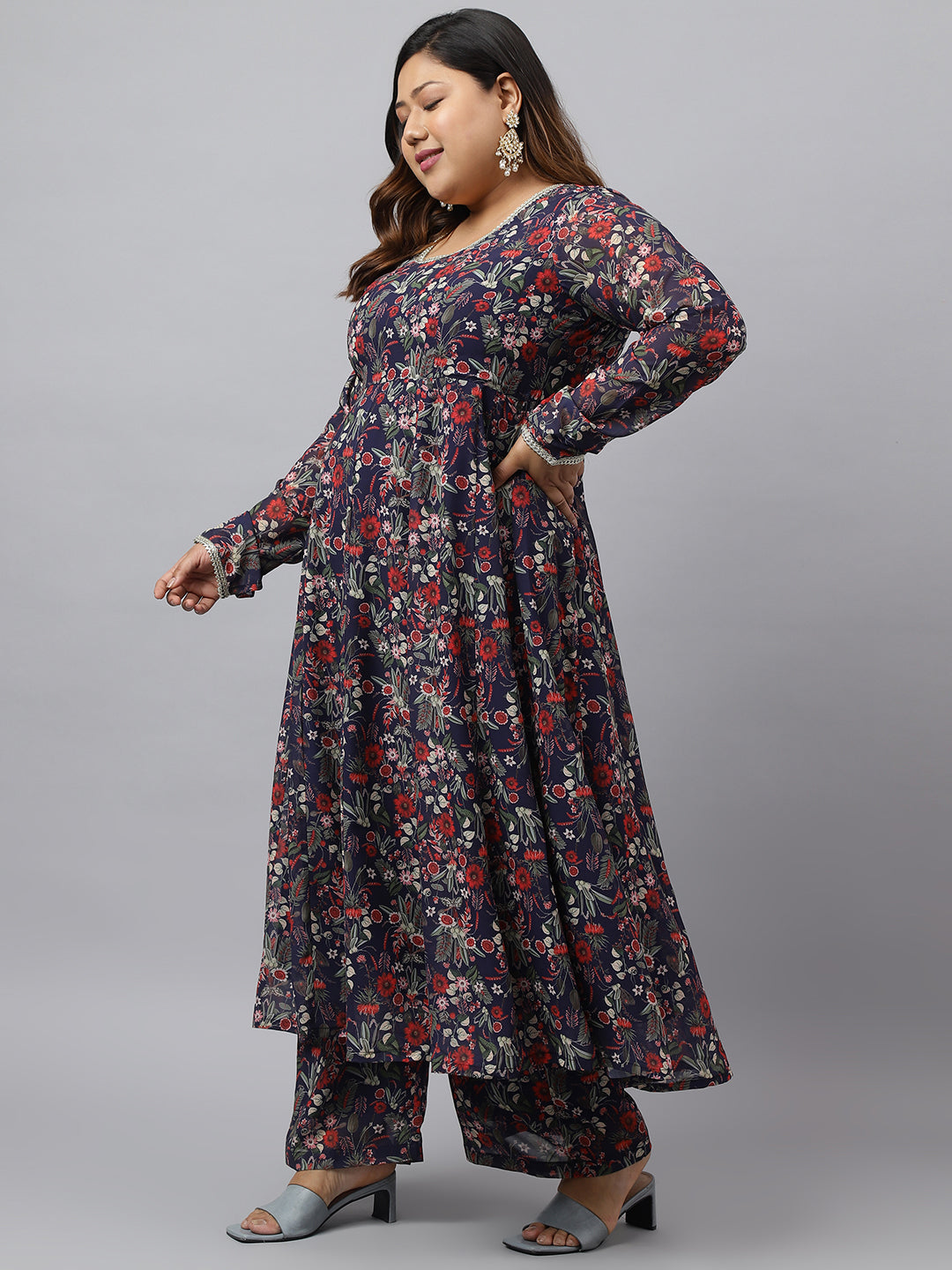 Plus Size Blue Printed Kurta Palazzo Set for Women  - By Janasya