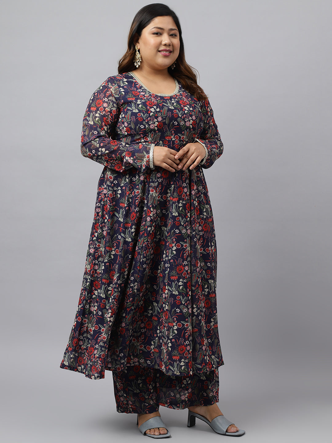 Plus Size Blue Printed Kurta Palazzo Set for Women  - By Janasya