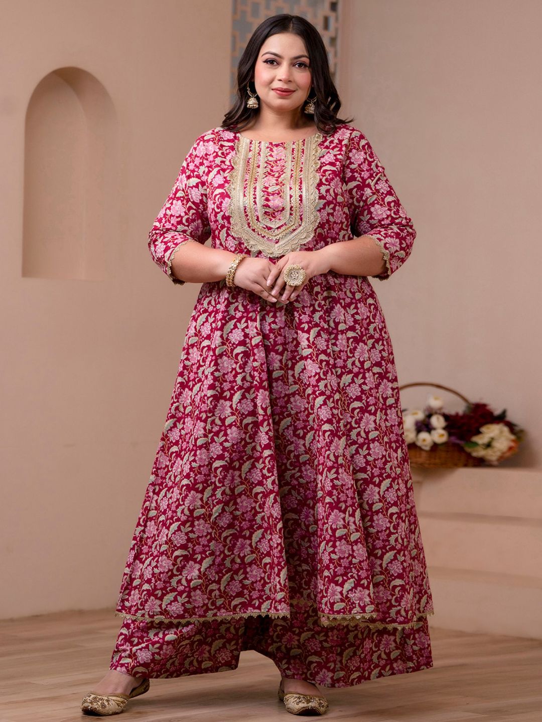 Pink Cotton Foil Floral Printed Kurta with Palazzo and Dupatta  - By Janasya