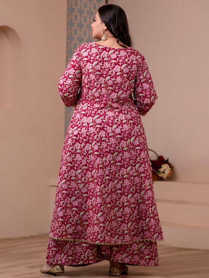 Pink Cotton Foil Floral Printed Kurta with Palazzo and Dupatta  - By Janasya