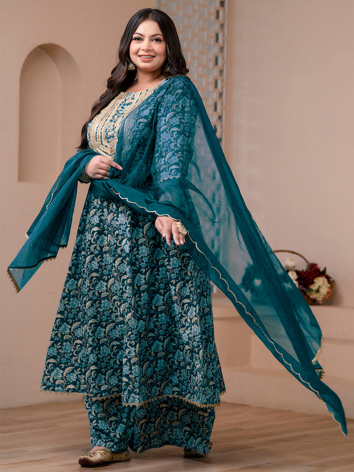 Teal Cotton Foil Floral Printed Kurta with Palazzo and Dupatta  - By Janasya