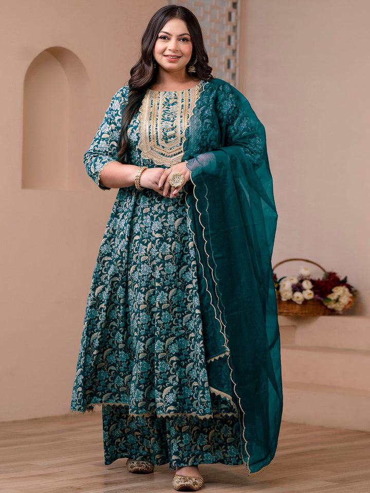 Teal Cotton Foil Floral Printed Kurta with Palazzo and Dupatta  - By Janasya