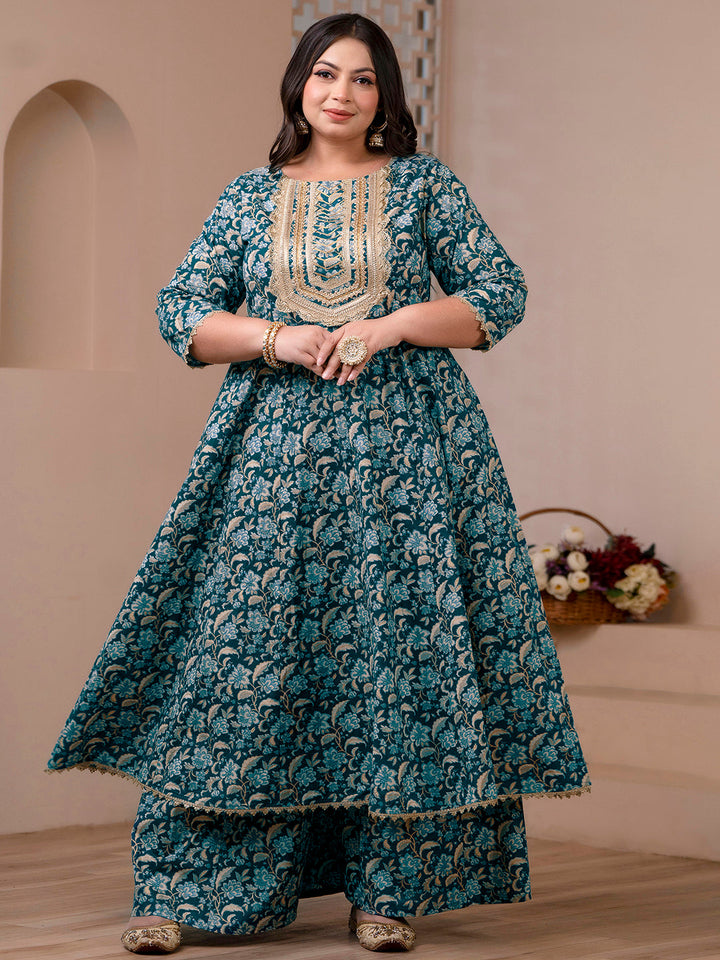 Teal Cotton Foil Floral Printed Kurta with Palazzo and Dupatta  - By Janasya