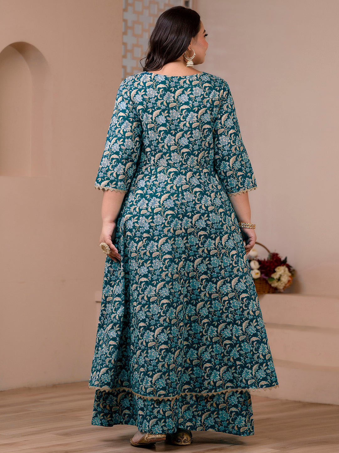 Teal Cotton Foil Floral Printed Kurta with Palazzo and Dupatta  - By Janasya