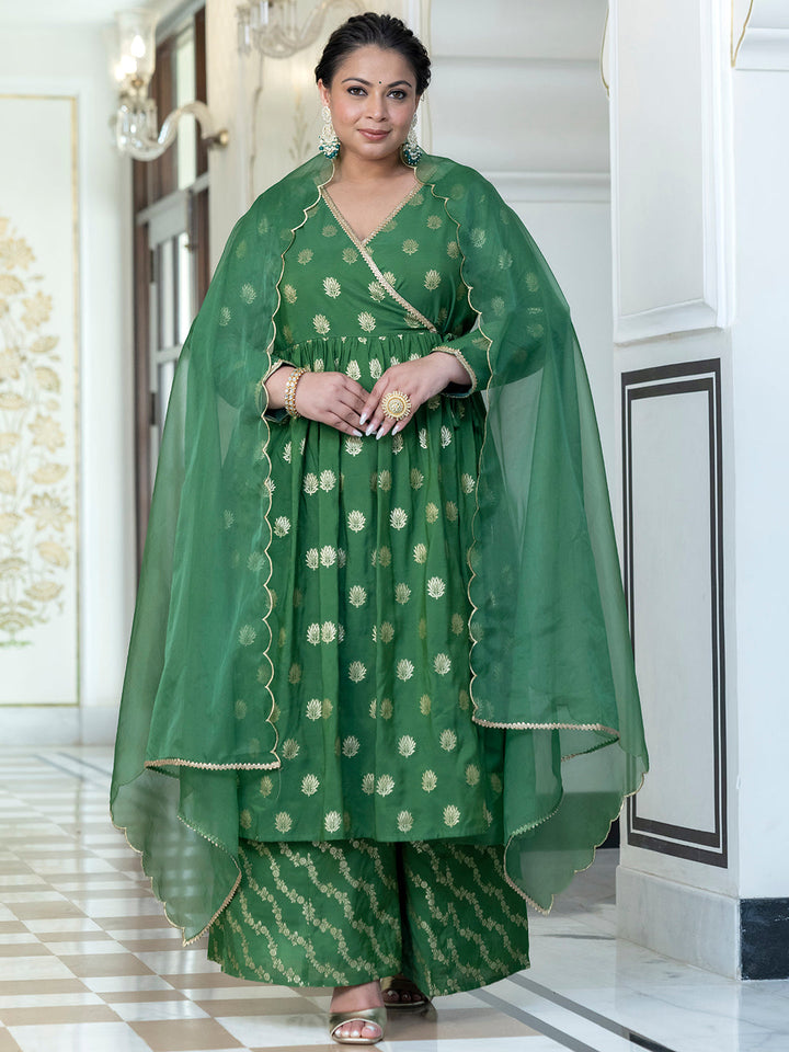 Green Brocade Woven Design Kurta with Palazzo and Dupatta  - By Janasya