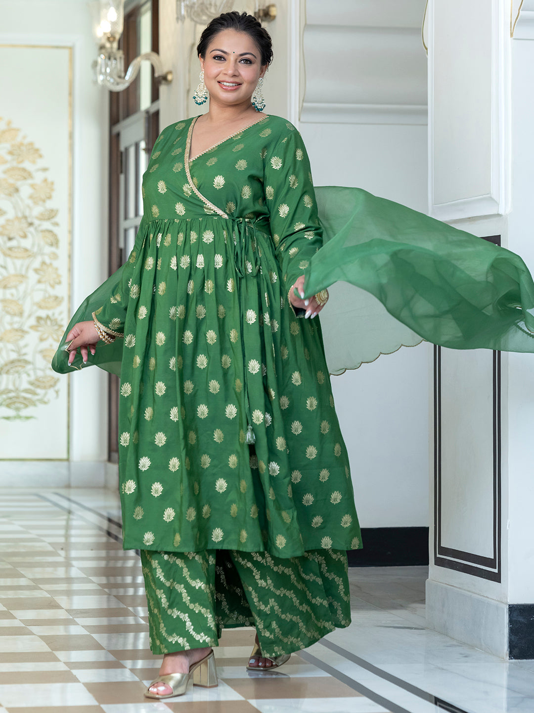 Green Brocade Woven Design Kurta with Palazzo and Dupatta  - By Janasya