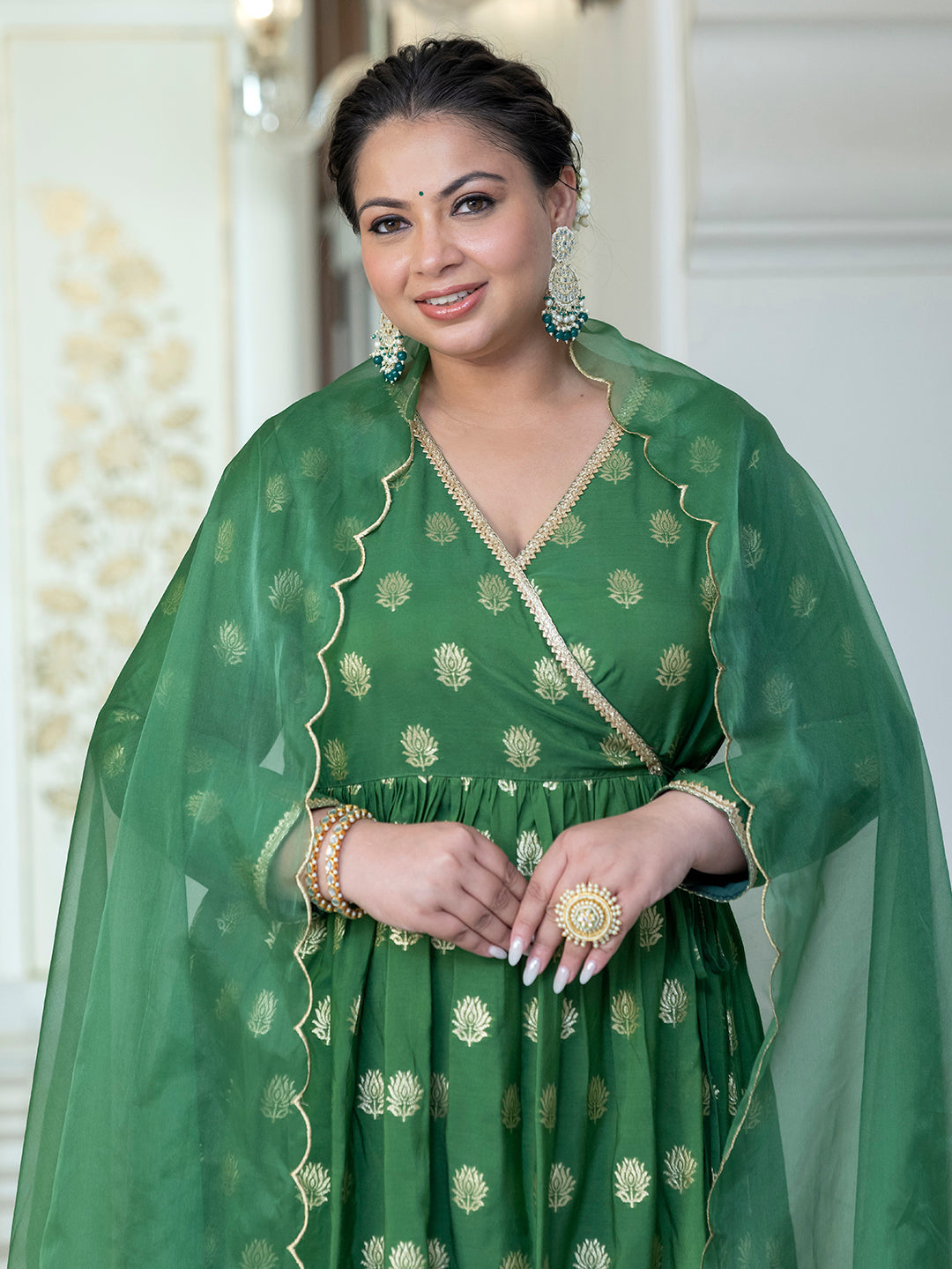 Green Brocade Woven Design Kurta with Palazzo and Dupatta  - By Janasya